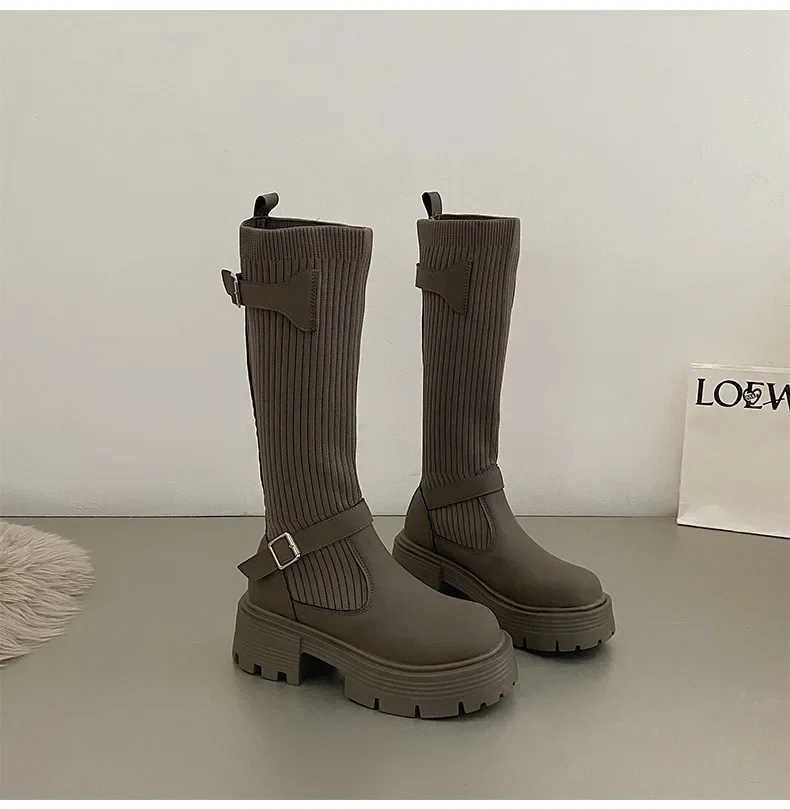 High Quality Lg boots Warm knit elastic boots thick soled warm high knee elegant boots and warm shoes T241206