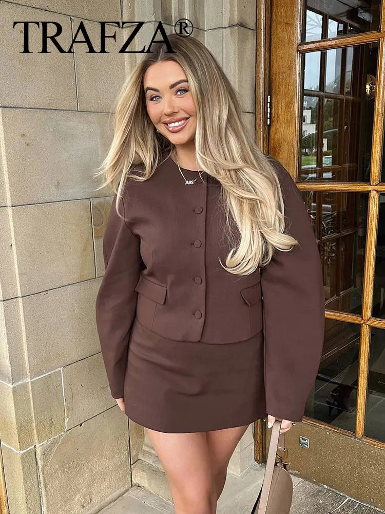 TRAFZA 2024 Autumn Women Fashion Solid Set O Neck Balloon Type Short Coat Top Wild Streetwear Slim Woman Brown Mini Skirt 241205