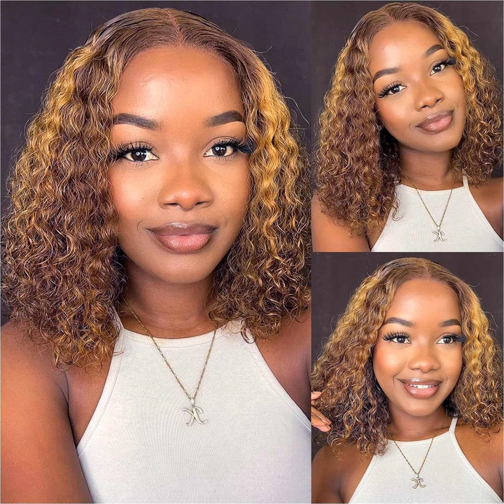 Highlight Deep Short 4/27 Color Curly 13X4 Front Brazilian 100% Human Hair Water Wave Lace Frontal Bob Wig