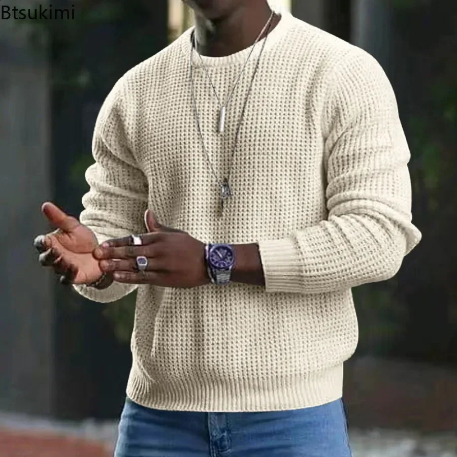 2025 Mens Waffle Knitted Sweaters Solid Loose Casual Oneck Pullover Tops Spring Autumn Long Sleeve Sweatshirt Male Sweater 241205