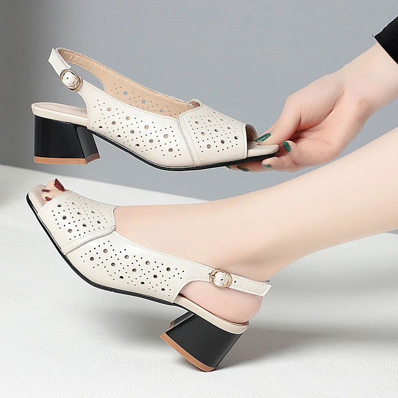 AIYUQI Sandals Women Summer Fishmouth Genuine Leather Women Sandals Block Heel Large Size Middle-aged Mom's Sandals