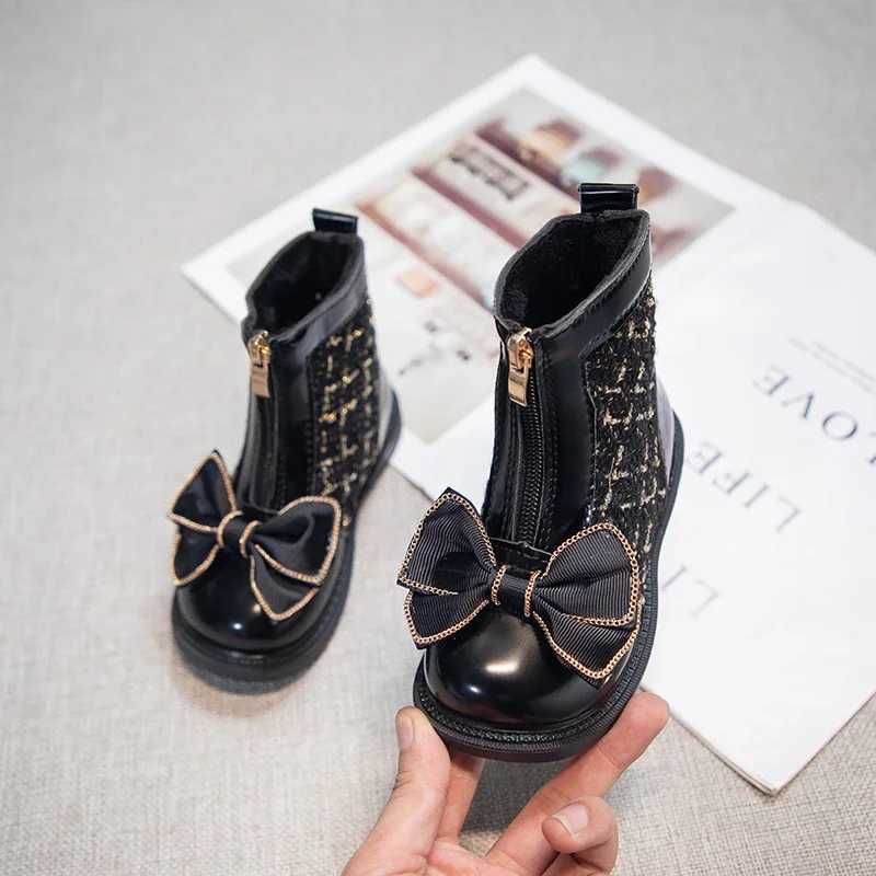 Girls Short Boots Simple Soft Breatheable Children Fashion Leather Boots Zipper Kids Sweet Princess Boots with Bow-knot WinterXJ241206