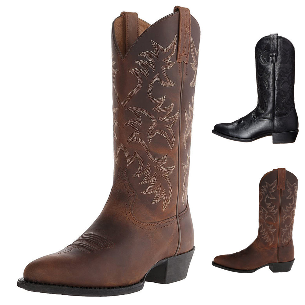 Cowboy Boots for Men Vintage Knight Shoes Leather Embroidery Mid Heel Motorcycle 2023 Casual West Boot Botas 240924