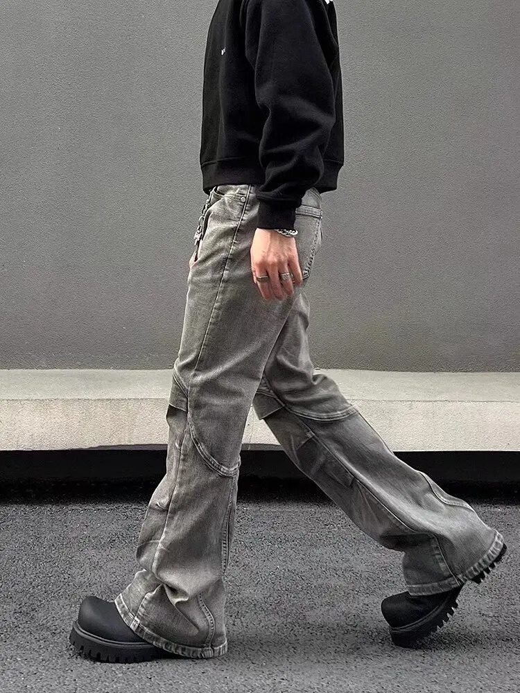2024 Ropa Y2K Streetwear Vintage Grey Pleated Flare Jeans Pants For Men er Clothes Old Harajuku Goth Long Trousers 241206