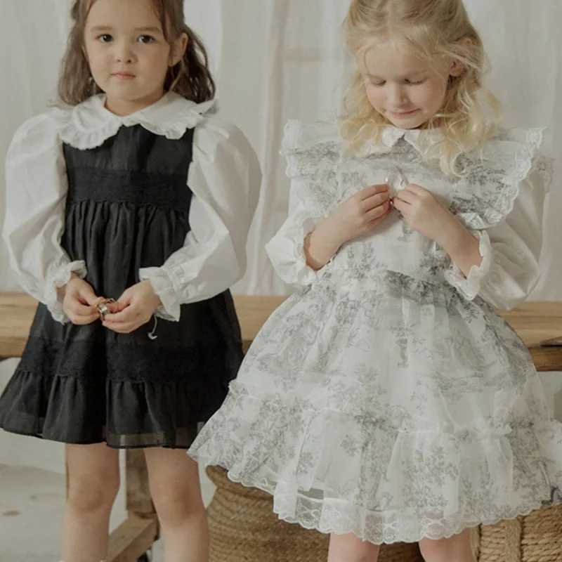 Girls Casual Dresses Spring Korea Girls Children Clothing Solid Color French Cotton Lace Vest 2024 Round Collar SimpleXJ241206