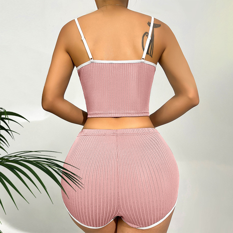 B474-Spring and summer women's loose V-neck satin sling suit personality contrast color comfortable home clothes Korean version of pajamas chest 