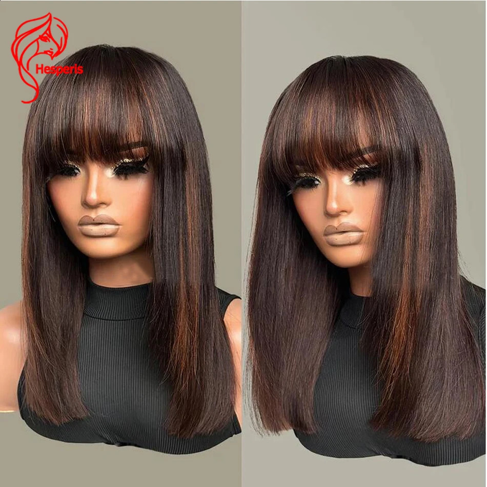 Hesperidis short bob wig with bangs Brazilian Remy #30 color high gloss brown scalp top fully machine made wig 241206
