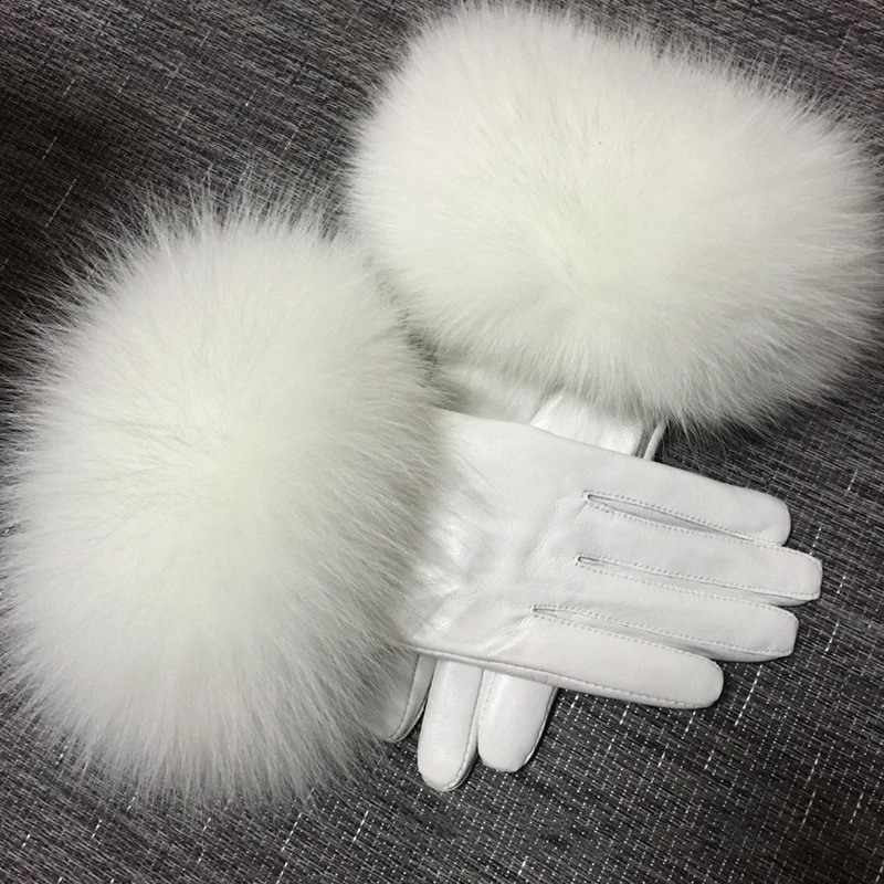 White real big fox fur womens sheepskin gloves with winter velvet chic womens outdoor windproof and warm leather gloves 241206