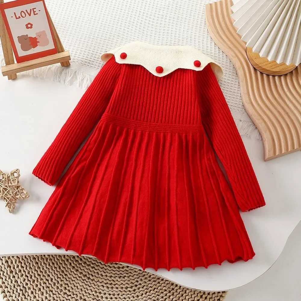 Kids Dresses for Girls Red Christmas Dress Lapel Long Sleeved Wear Sweater Dresses Winter New Years Kids Knitting ClothingXJ241206
