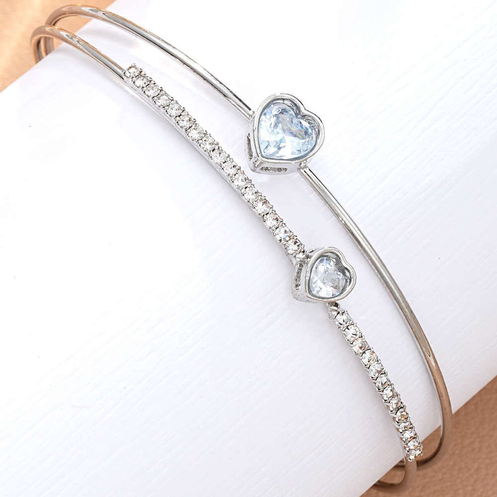 New fairy style dia studded heart-shaped zircon double-layer open bracelet with fresh, sweet, exquisite and trendy accessories