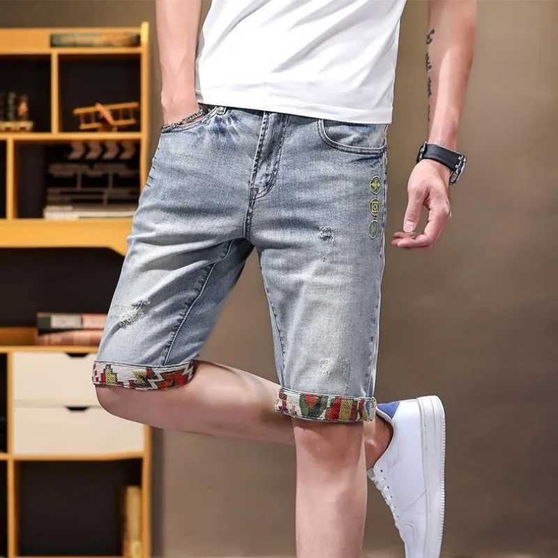 Multi Color Male Denim Shorts Graphic Stretch Blue New In Thin Mens Short Jeans Pants Baggy Streetwear Wide Jorts Y2k DesignerXJ241206
