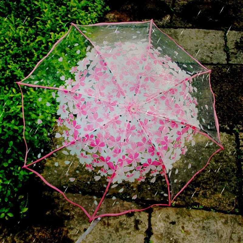 Thickening Transparent Three Fold Rain Umbrella Japanese Cherry Blossom Plastic PVC Clear Falbala Umbrellas Women parapluieM251122