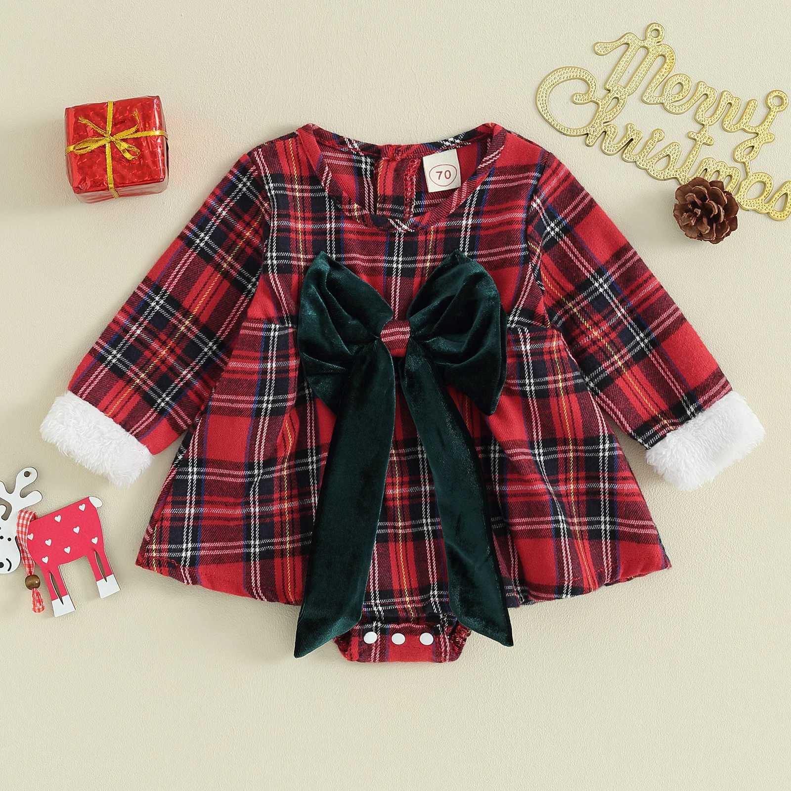 FOCUSNORM 1-6Y Toddler Kids Girls Christmas Romper/Dress Plaid Printed Plush Patchwork Bowknot Long Sleeve Jumpsuits Or DressXJ241206