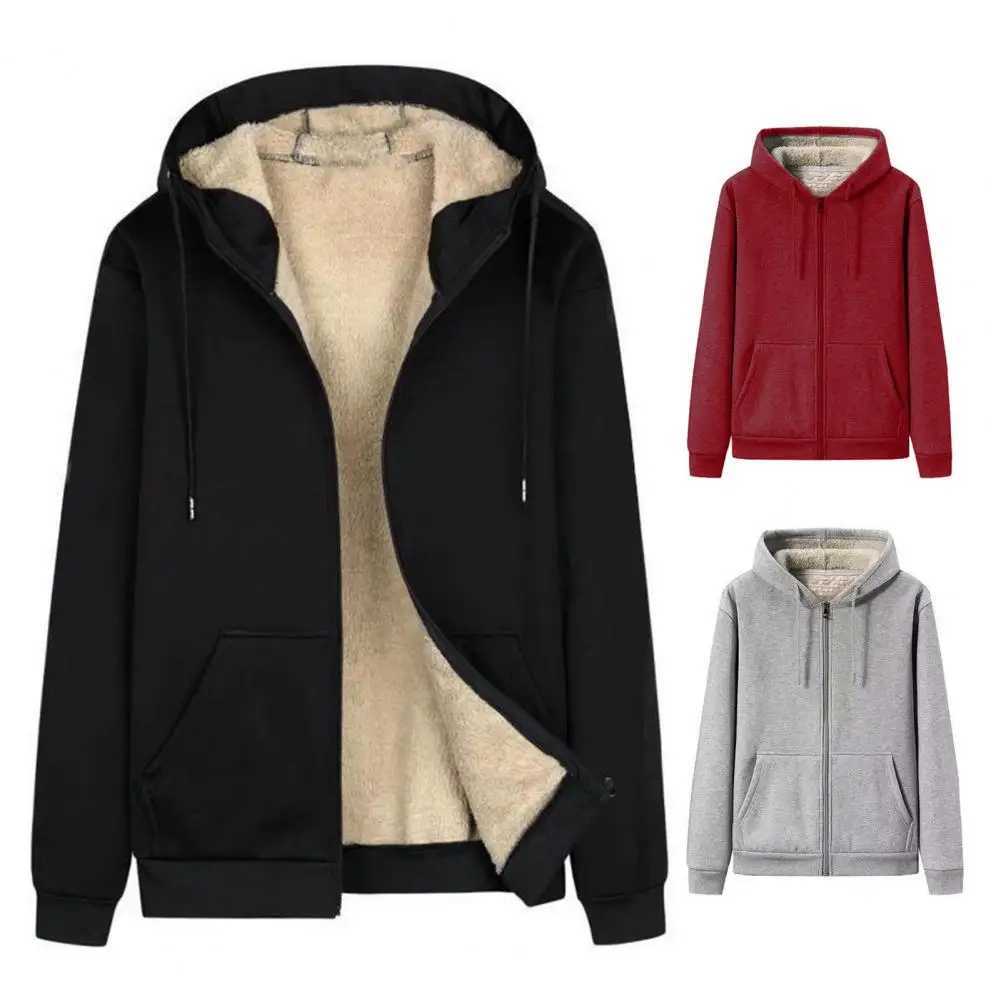 Men Hoodie Trendy Sweatshirt Coat Front Pocket Warm Zipper Lamb Wool Jacket Men Winter Plush Lined Cardigan Hoodie sports JacketXJ241206