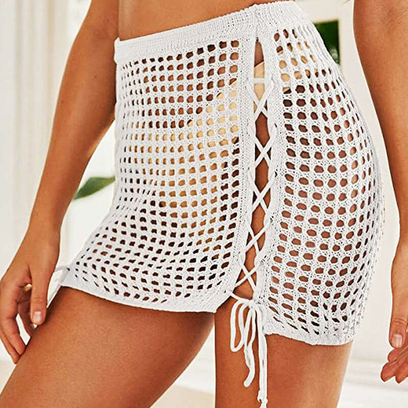 European American Spring/Summer Knitted Hollow Half Sexy Drawstring Bikini External Beach Skirt 2024 New Style Stylish and Elegant Clothing