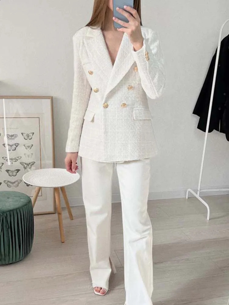 TRAF Women Blazer Jacket Fashion Double Breasted Tweed Blazers Coat Vintage Long Sleeve Female Outerwear Chic Tops 241204