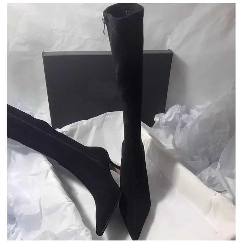 High Quality Pointed Toe Knee High Boots Sensual Thick Boots Wens Side Zipper Suede Elastic High H Modern Shoes Zapatos De Mujer T241206