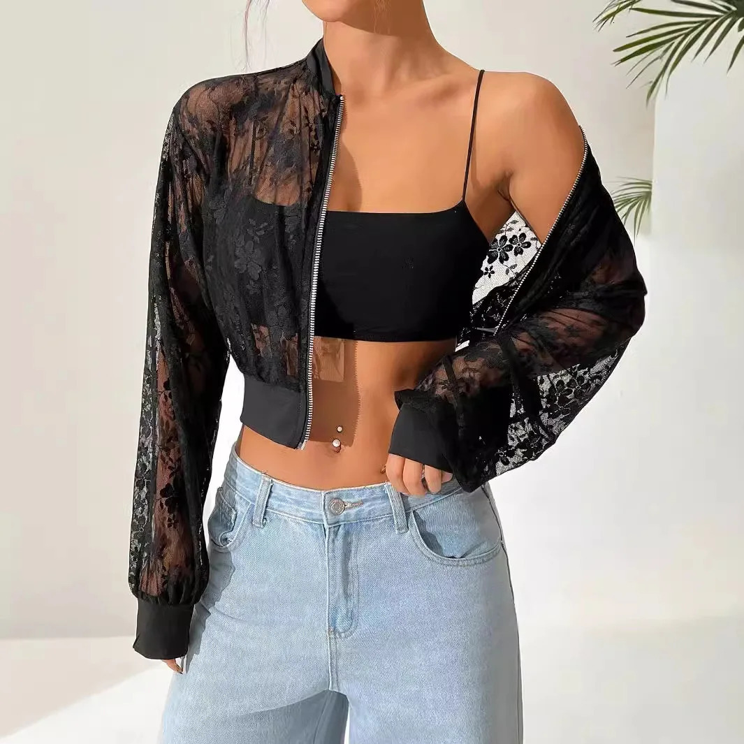 Womens Jacquard Lace Perspective Zipper Short Sleeve Jacket Top 241206