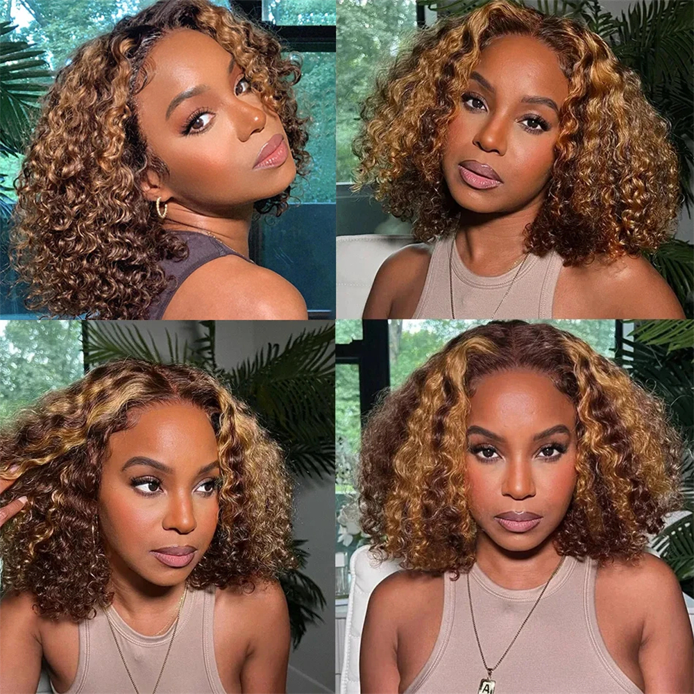 Highlight Deep Short 4/27 Color Curly 13X4 Front Brazilian 100% Human Hair Water Wave Lace Frontal Bob Wig