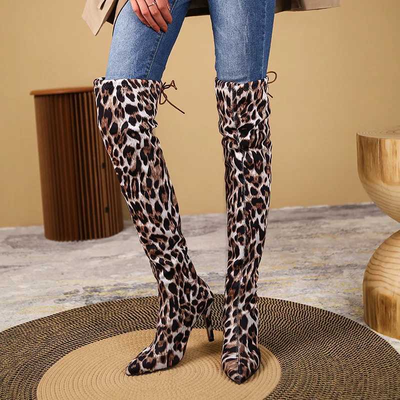 High Quality Womens Fi leopard print knee high boots autumn and winter high boots Pointed Toe Streh fabric womens high H Bottes women T241206