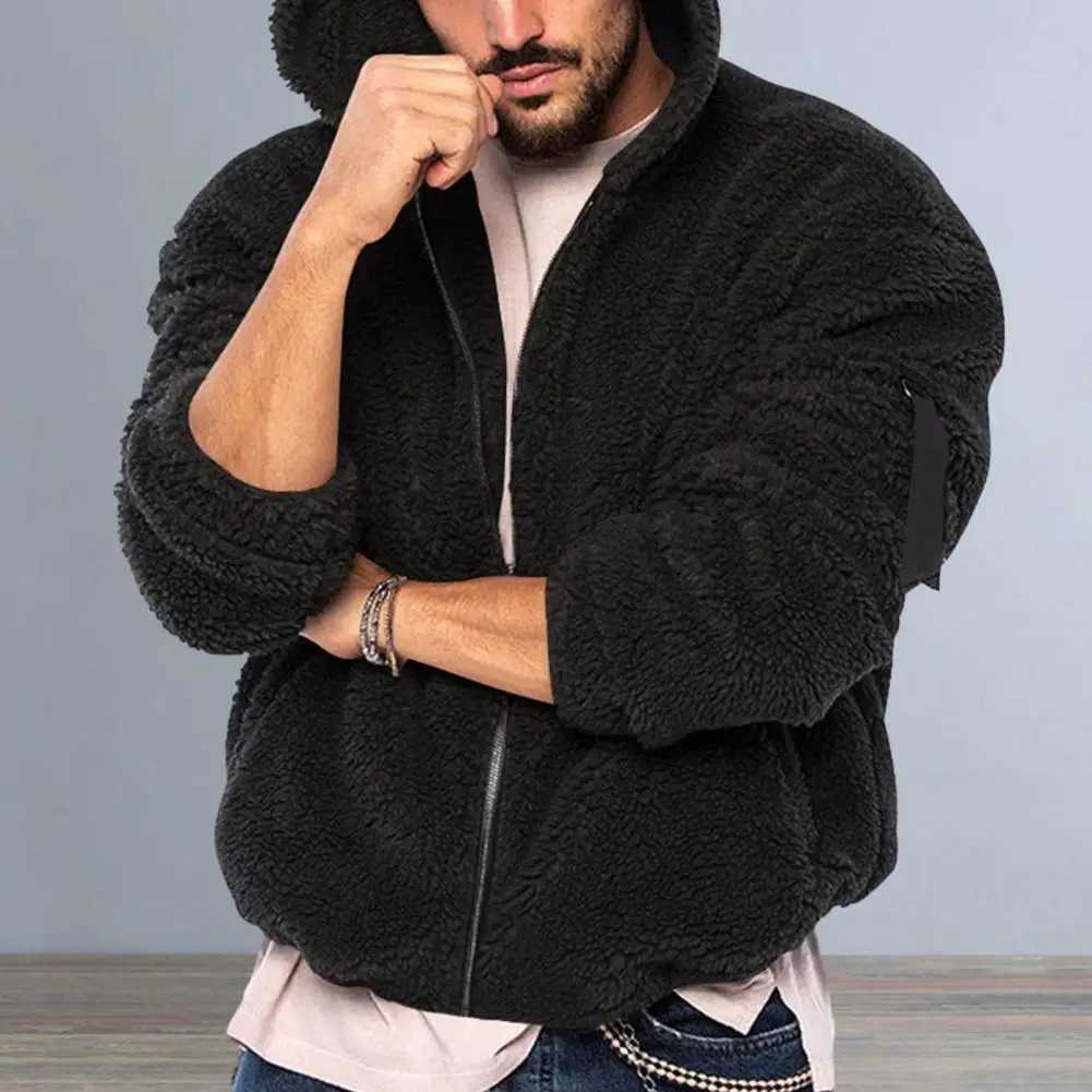 Men Thick Fleece Jacket Mens Trendy Fluffy Hooded Coat with Thickened Fleece Zipper Closure Long Sleeves for Winter for AutumnXJ241206