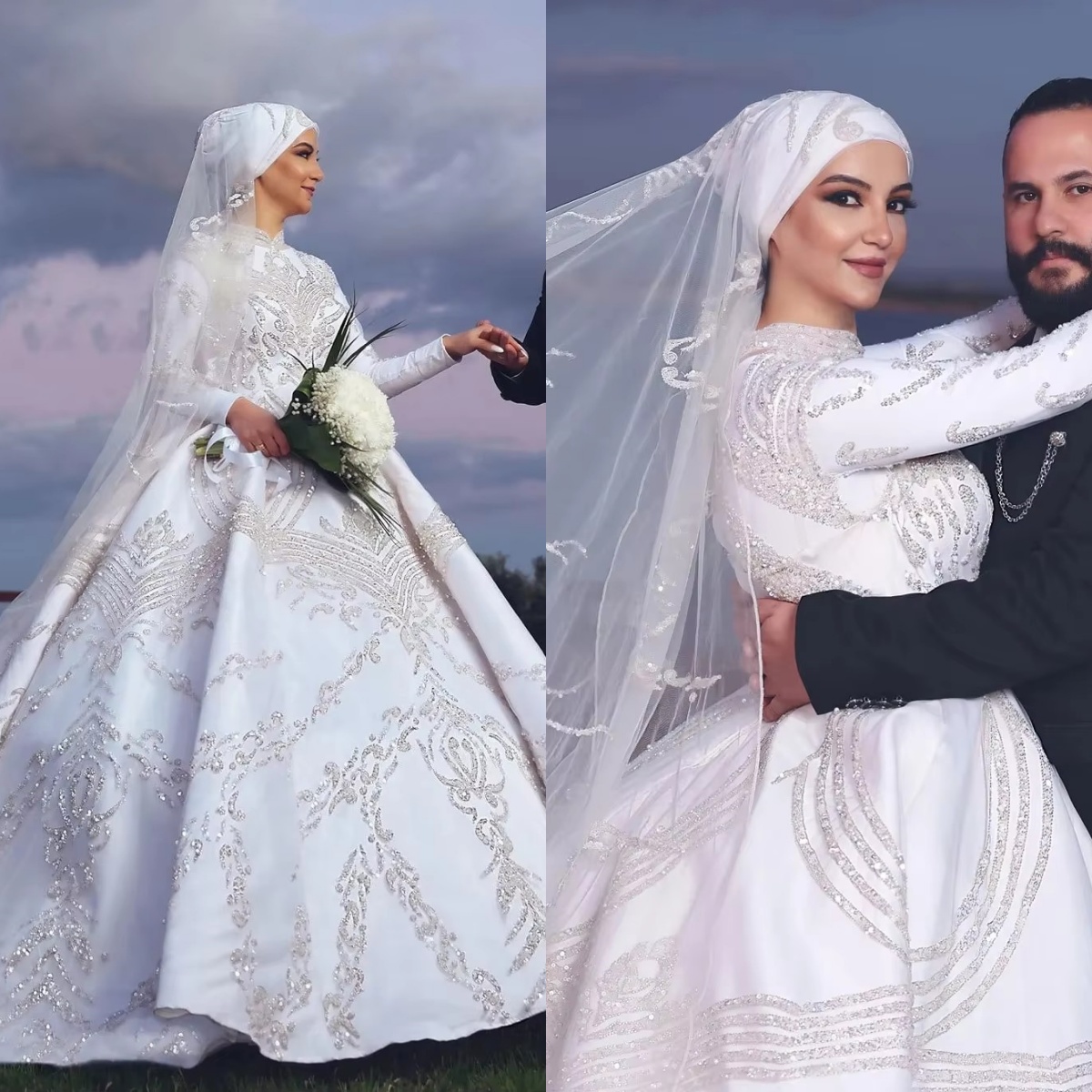 Muslim High Neck Wedding Dress Sequins Bridal Ball Gowns For Middle East Women Long Sleeves Sweep Train Customized Vestidos De Novia 0218