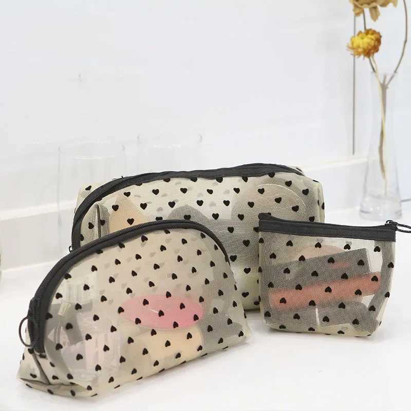 1PC Heart Women Men Necessary Cosmetic Bag Transparent Travel Organizer Fi Small Large Mesh Toiletry Bags Makeup PouchXJ241206