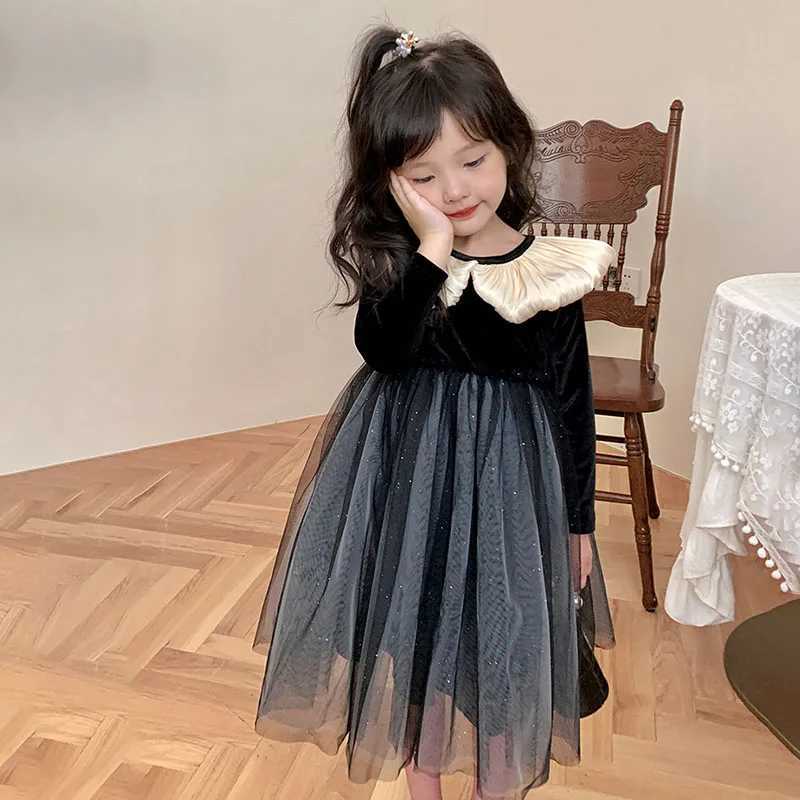 1-7T Spring Autumn Girl Long Sleeve Casual Dress Korean Sle Velvet Splicing Doll Collar Kids Princess Mesh Par DressesXJ241206