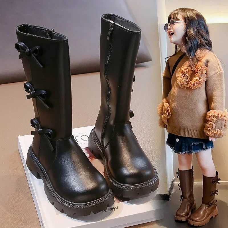 Girls Mid-Calf Boots Solid Color Versatile Children Long Boots with Bows 2024 Autumn New Fashion Princess Boots with Side ZipperXJ241206