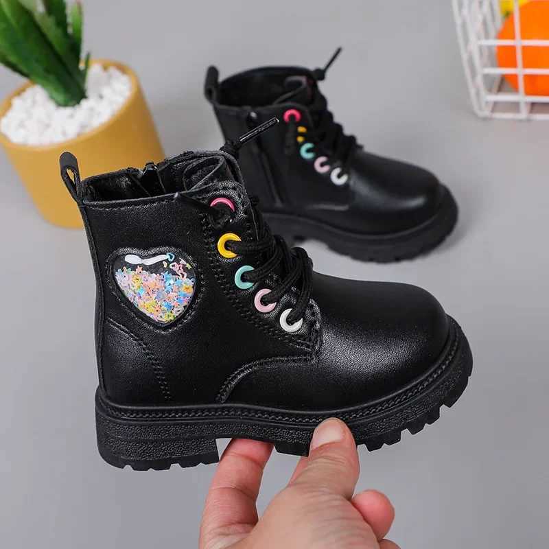 Autumn New Fashion Girl Boot Casual Versatile Comfort Girls Shoe Anti Slip Cute Rainbow Ankle Boot Sequins Simple Leather BootsXJ241206