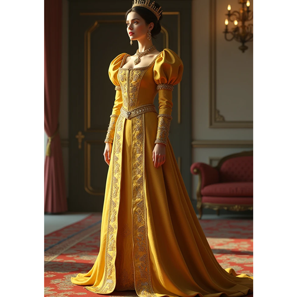 2025 Bright Gold Princess Prom Dresses Long Sleeves Puff Ruched A Line Satin Formal Occasion Gown Lace Appliques Beaded Square Neck Vintage Evening Dr