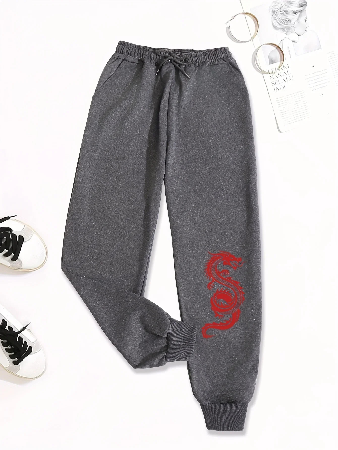Dragon Print Slant Pocket Elastic Waist Pants Jogger Drawstring Loose Womens Long Pant Fashion Casual Female Sports Sweatpants 241205Z