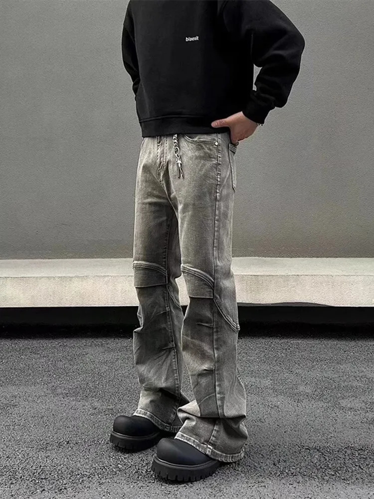 2024 Ropa Y2K Streetwear Vintage Grey Pleated Flare Jeans Pants For Men er Clothes Old Harajuku Goth Long Trousers 241206