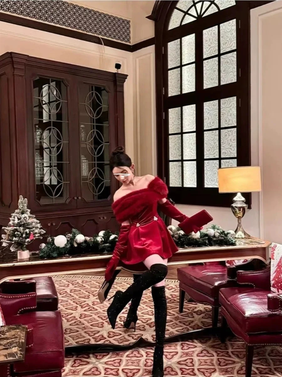 Womens Dress 2024 Spring/Summer Red Velvet Diamond Decorative Shoulders Detachable Fur Collar Dress 241206bj