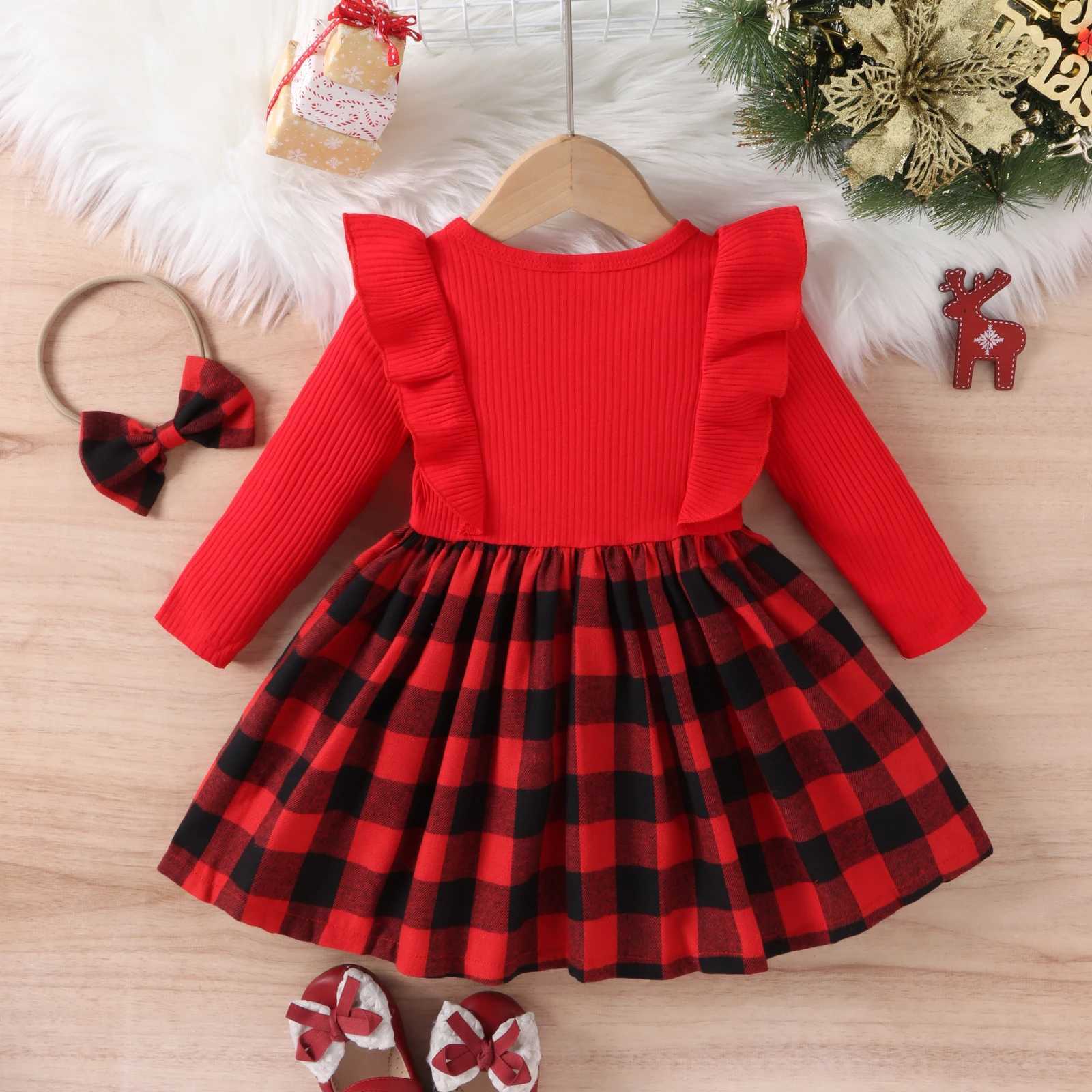 2PCS Autumn New Sle 1-4 Year Old Girl Baby Fashionable Sweet Round Neck Red Pit Strip Long-Sleeved Plaid Dress + Hair BandXJ241206