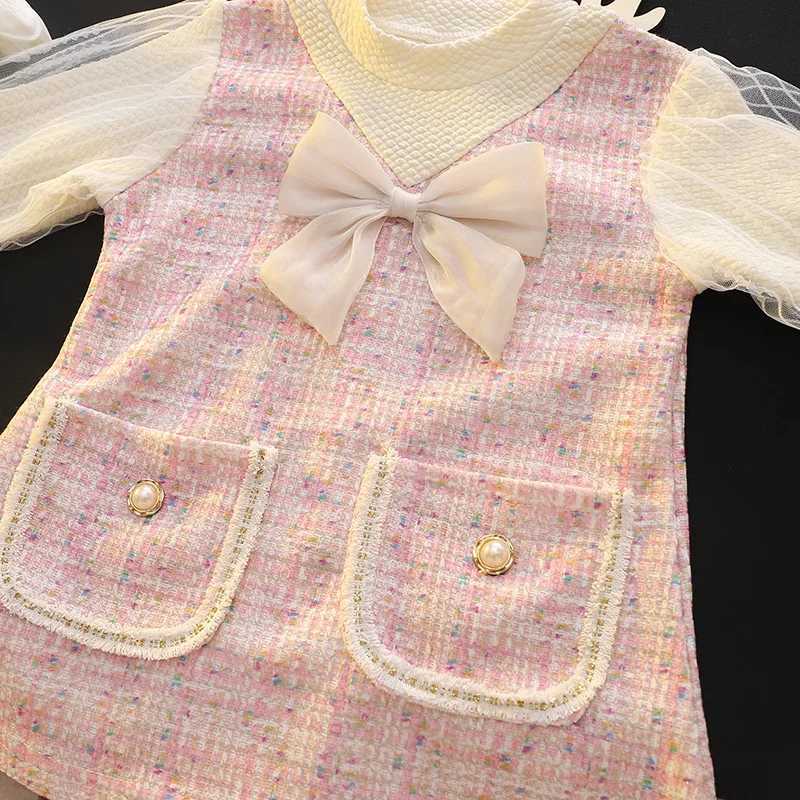 Elegant Childrens Dresses For Girls Fashion Bow Long Sleeve Princess Kids Birthday Par Dress Spring Soft Baby Clothes OutfitXJ241206