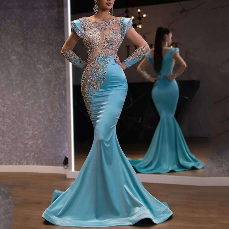 Daily Liht Blue Fishtail Skirt Banquet P's Sand Gold Series Show Thin Temperament Annual Meetin Evenin Dress for Women 2024 New Casual Fashion Tr
