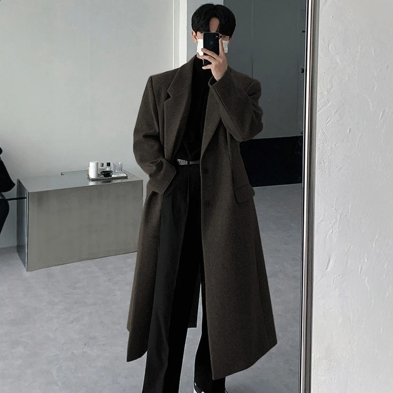 FEWQ Korean Fashion Mens Wool Coat Winter Thick Knee Length UK Trench Solid Color Mens Loose Top 24E5104 241204