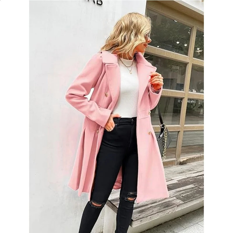Womens Autumn Coat Wool Blend Solid Lined Coats Outerwears Female Jackets Double Breasted Lapel Xlength Overcoat 241205