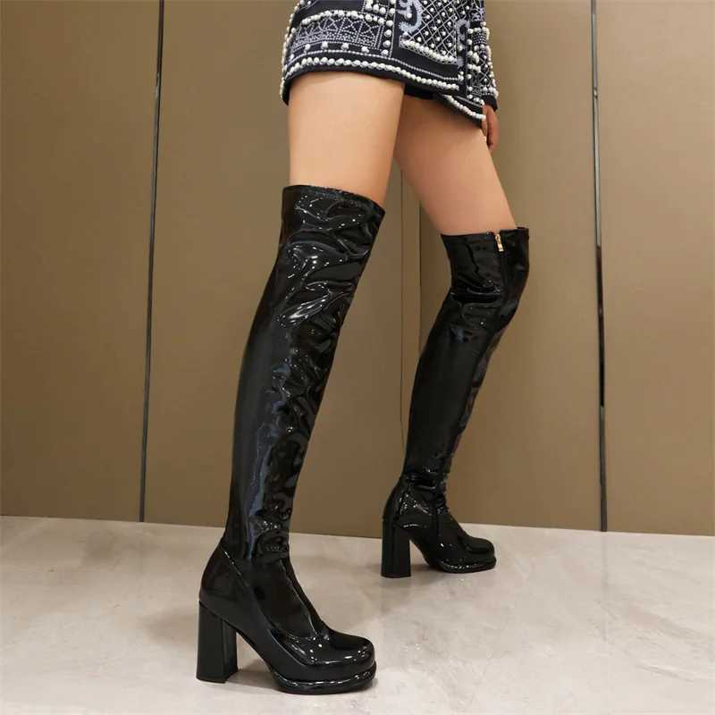 High Quality Eegant Over The Knee High Boots Wen Sexy Block Heel Party Dance Winter Shoes Women Sier Gold Thigh High Boot Big Size T241206