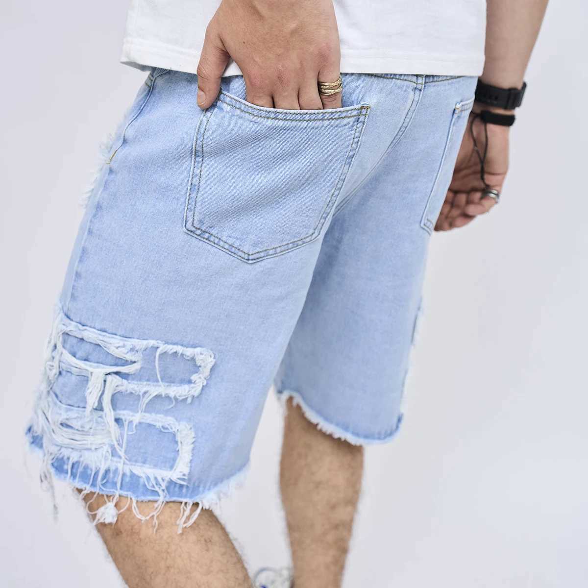 2024 Summer Mens High Street Ripped Patch Denim Shorts Stylish Solid Casual Male Straight Jeans ShortsXJ241206