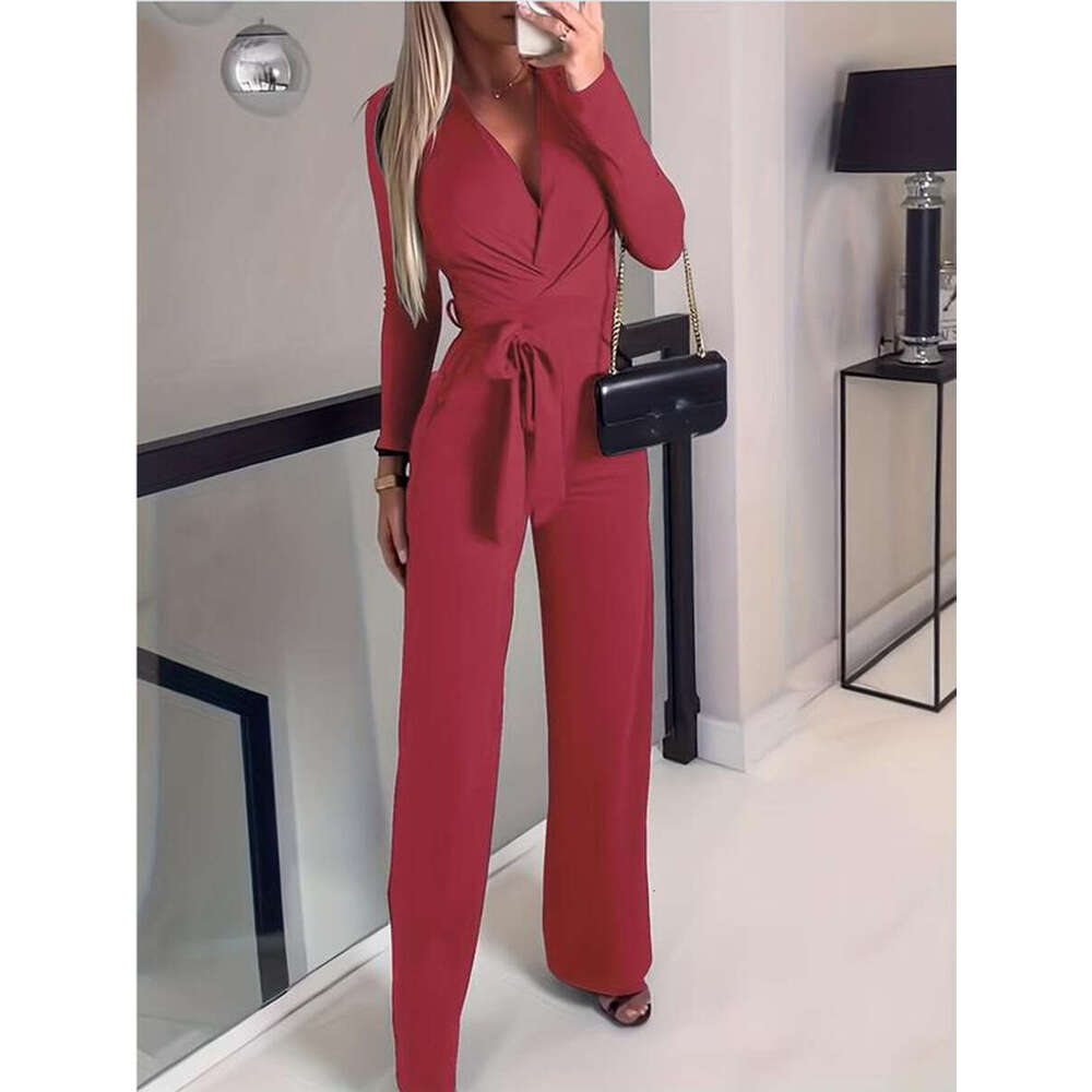 popular elegant solid color V-neck jumpsuit 2024 new casual fashion trend clothing