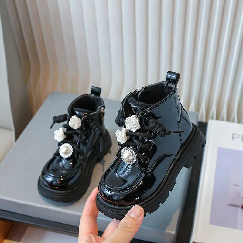 Botas Nia Kids Fashion Ankle Boots Winter Warm Plus Cotton Girls Boots Pearl Rhinestone Princess Botas Soft Sole Children ShoesXJ241206