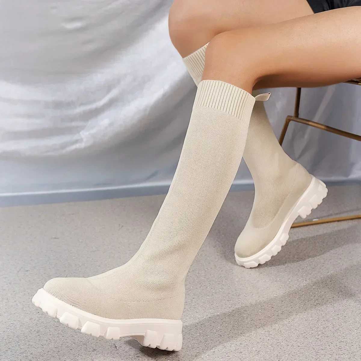 High Quality Thick soled knitted Lg boots suitable for Wenfei elastic socks shoes knee boots round toes low H Botas De Mujer T241206