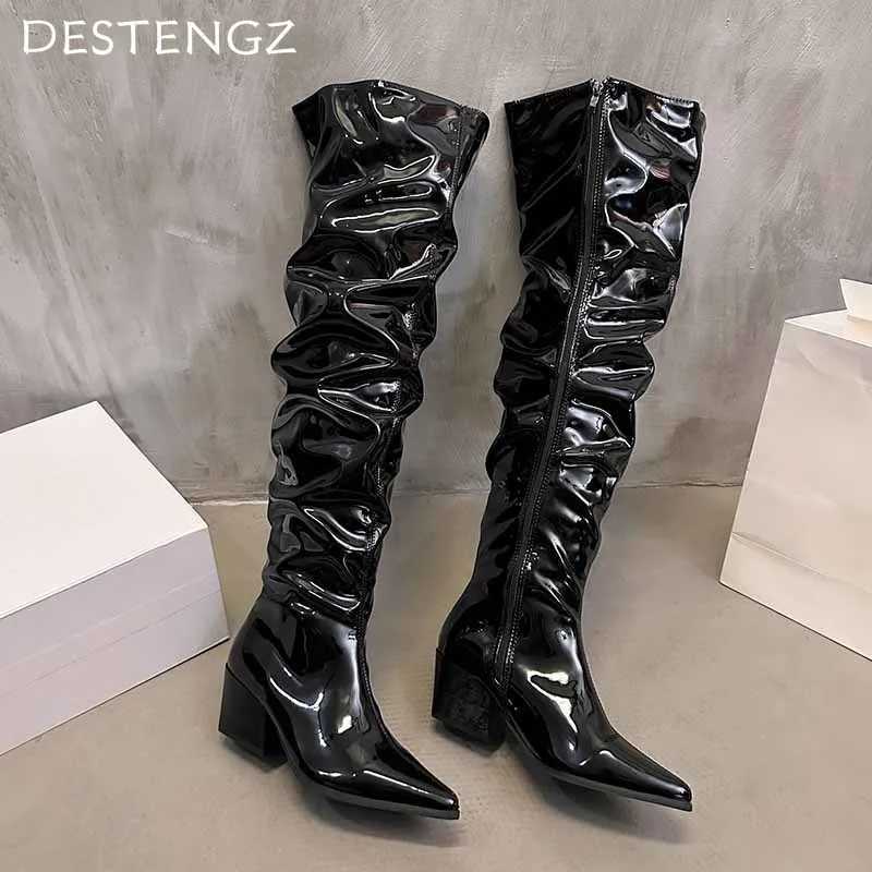 High Quality Pointed Toe Chunky Wan High Boots Designer Fi Mid H Leather Shoes Winter New Pump Dress Unprinted Good Product Zapatillas T241206