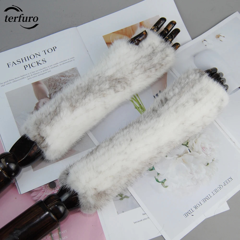 Winter Fur Claw Gloves Womens Knitted High Genuine Leather Long Gloves Womens Knitted Genuine Mink Long Sleeve Warm Fingerless Gloves 241206