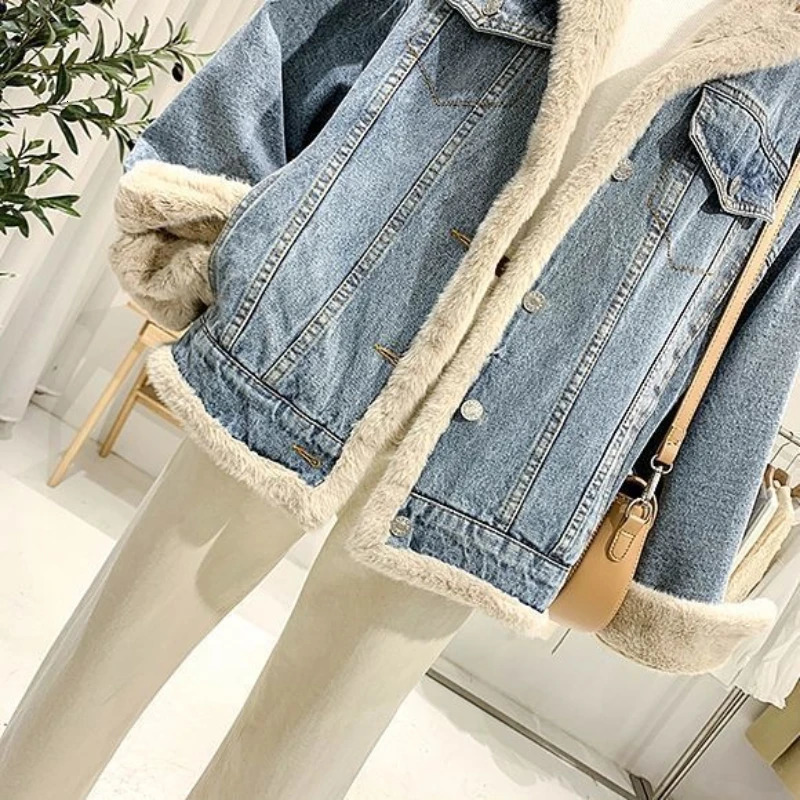 Autumn and winter pure cotton retro style doublesided wearable large fur collar womens denim jacket loose soft 241206