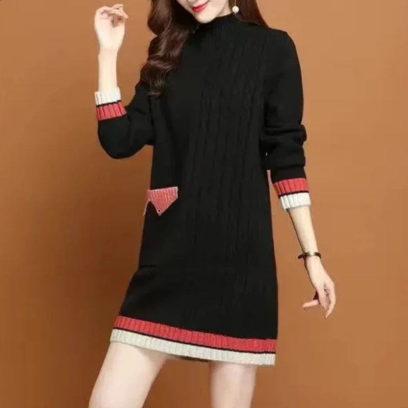 Womens Autumn Winter Thick Midlength Korean Commute Loose Half High Collar Patchwork Pocket Button Knitted Sweater Dresses 241205