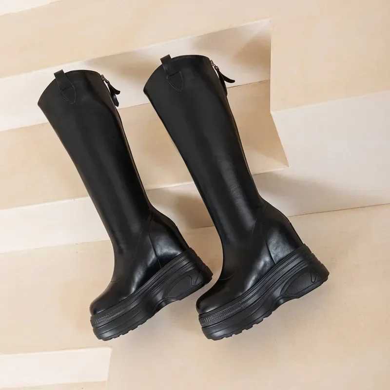 High Quality Womens genuine leather boots new 11cm heel high platform inner high boots T241206