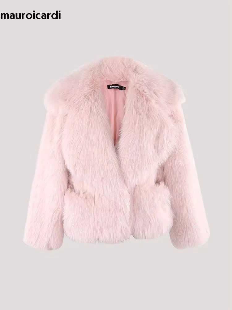 Mauroicardi Winter Short Oversized Hairy Soft Thick Warm Black Faux Fur Coat Women Loose Luxury Blue White Pink Fluffy JacketXJ241206